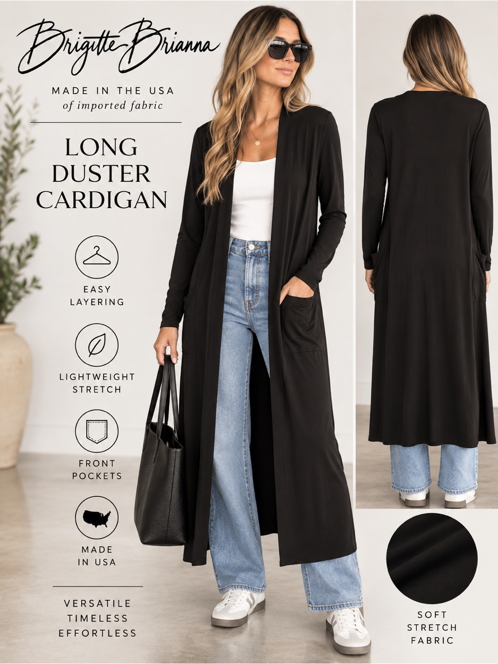Brigitte Brianna Black Long Duster Cardigan Size Small Made in USA Pockets